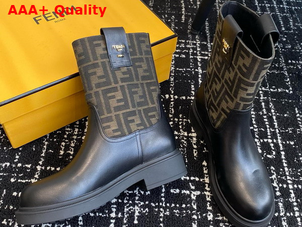 Fendi Filo Black Leather and Brown FF Fabric Ankle Boots Replica