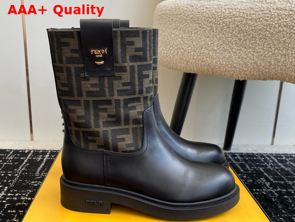 Fendi Filo Black Leather and Brown FF Fabric Ankle Boots Replica