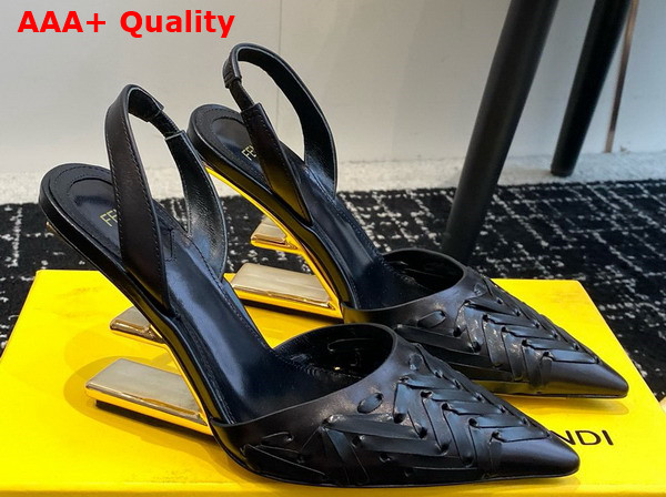 Fendi First Black Interlaced Leather High Heeled Slingbacks Replica