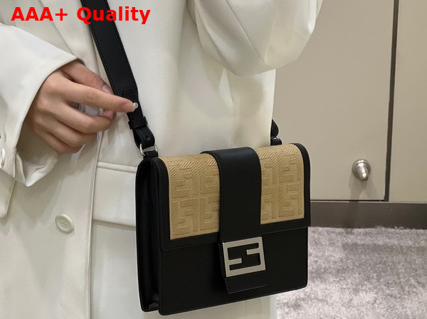 Fendi Flat Baguette in Beige Jacquard FF Fabric and Black Leather Replica