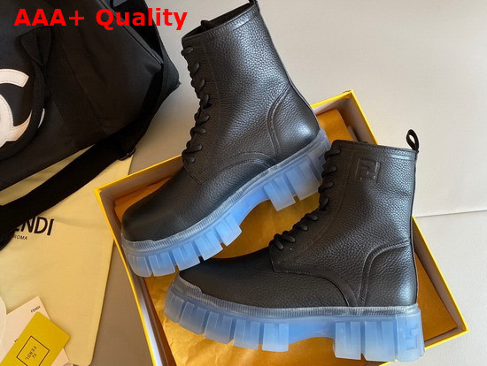 Fendi Force Black Leather Ankle Boots with Blue and Transparent Rubber Lug Sole Replica