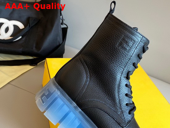 Fendi Force Black Leather Ankle Boots with Blue and Transparent Rubber Lug Sole Replica