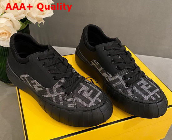 Fendi Force Lace Up Sneakers Black Leather and FF Jacquard Fabric in Gray and Black Replica