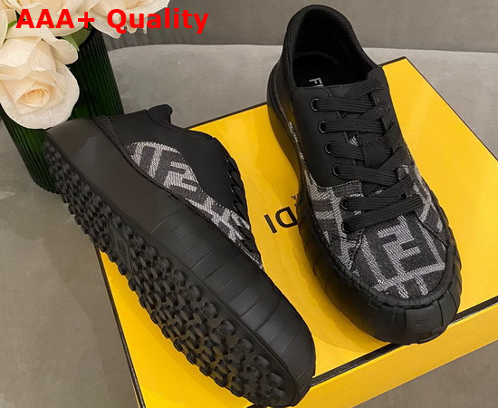 Fendi Force Lace Up Sneakers Black Leather and FF Jacquard Fabric in Gray and Black Replica