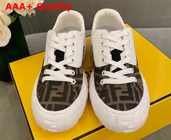 Fendi Force Lace Up Sneakers White Leather and FF Jacquard Fabric in Brown and Tobacco Replica