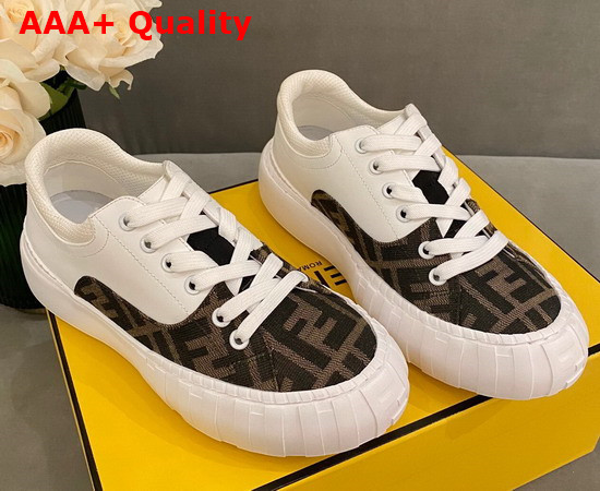 Fendi Force Lace Up Sneakers White Leather and FF Jacquard Fabric in Brown and Tobacco Replica