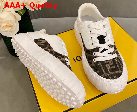 Fendi Force Lace Up Sneakers White Leather and FF Jacquard Fabric in Brown and Tobacco Replica