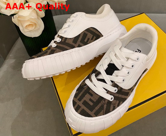 Fendi Force Lace Up Sneakers White Leather and FF Jacquard Fabric in Brown and Tobacco Replica