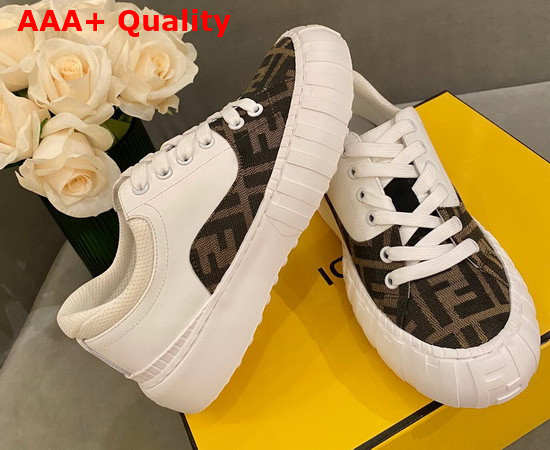 Fendi Force Lace Up Sneakers White Leather and FF Jacquard Fabric in Brown and Tobacco Replica