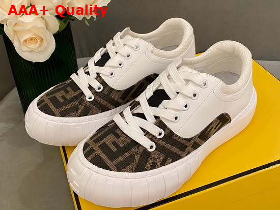 Fendi Force Lace Up Sneakers White Leather and FF Jacquard Fabric in Brown and Tobacco Replica