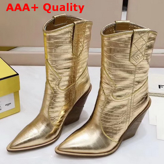 Fendi Gold Crocodile Embossed Ankle Boots Replica