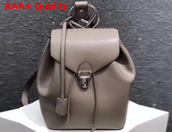 Fendi Grey Leather Backpack with Metal Handle Shaped Like The New Fendi Logo Replica