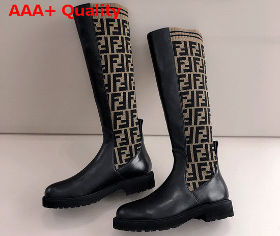 Fendi High Boot in Black Leather and Brown Stretch Fabric with FF Motif Replica