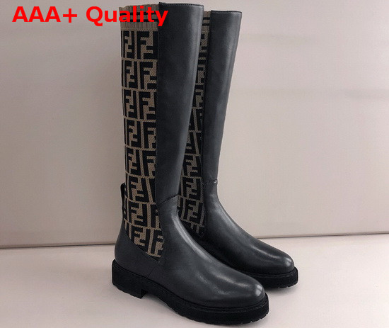 Fendi High Boot in Black Leather and Brown Stretch Fabric with FF Motif Replica