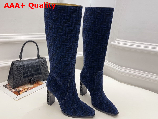 Fendi High Heeled Blue FF Chenille Boots Replica