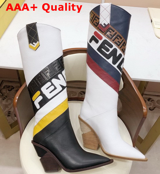 Fendi High Leg Cowboy Boots Black Deerskin Print Calfskin Fendi Maria Motif and Embossed FF Inlay Replica