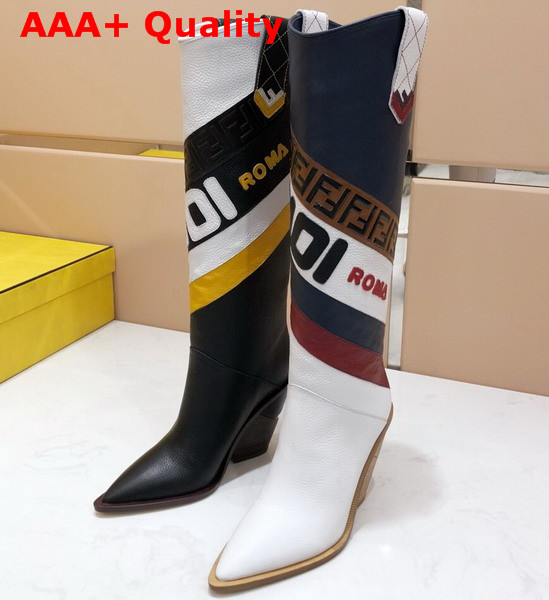 Fendi High Leg Cowboy Boots Black Deerskin Print Calfskin Fendi Maria Motif and Embossed FF Inlay Replica