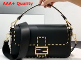 Fendi Iconic Medium Baguette Bag in Black Leather with Metal Stitch Stitching Replica