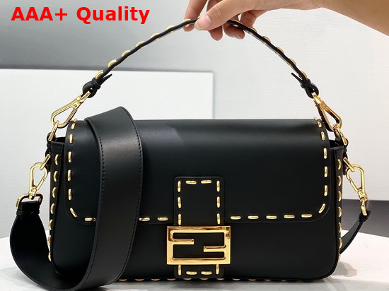 Fendi Iconic Medium Baguette Bag in Black Leather with Metal Stitch Stitching Replica