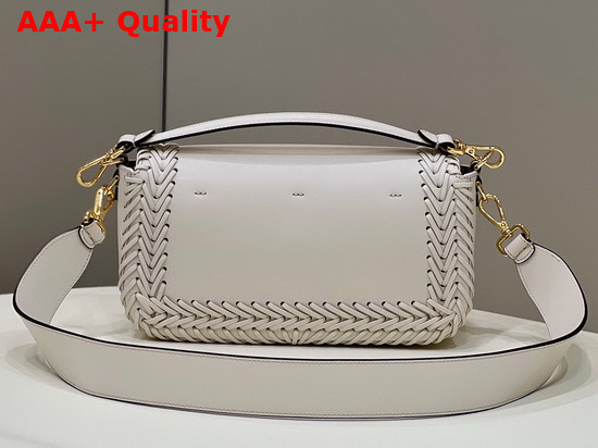 Fendi Iconic Medium White Leather Baguette Bag Embellished with a Hand Woven Tone on Tone Leather Motif Replica