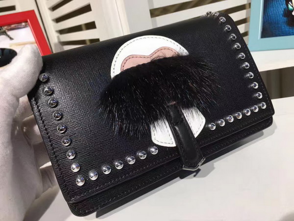 Fendi Karlito Wallet on Chain in Black Leather with Inlays For Sale