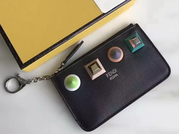 Fendi Keyring Pouch in Black Leather with Four Rainbow Studs For Sale