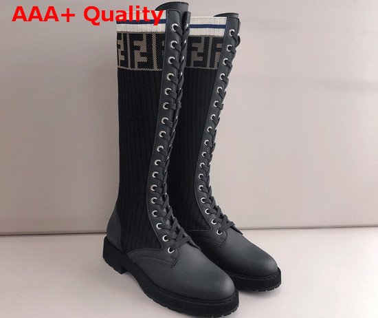 Fendi Lace Up High Boot in Black Leather and Stretch Fabric Replica