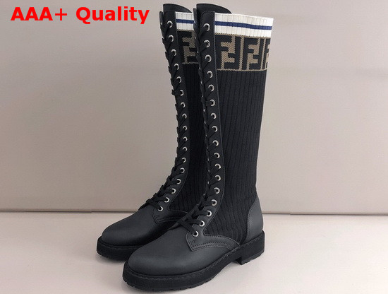 Fendi Lace Up High Boot in Black Leather and Stretch Fabric Replica