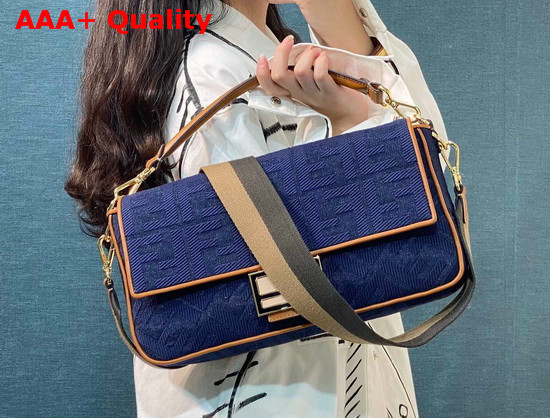 Fendi Large Baguette Bag in Blue Denim with Embroidered FF Motif Replica