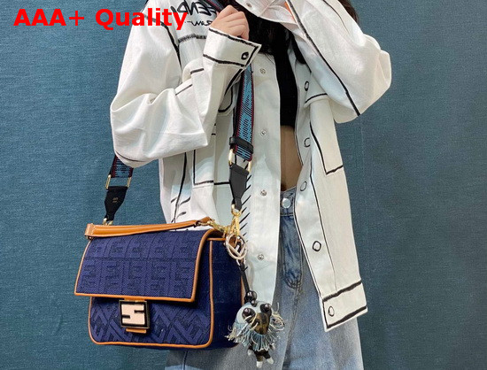 Fendi Large Baguette Bag in Blue Denim with Embroidered FF Motif Replica