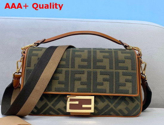 Fendi Large Baguette Bag in Dark Green Denim with Embroidered FF Motif Replica