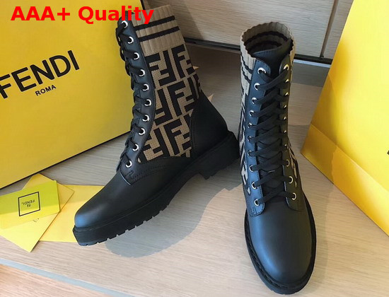 Fendi Leather Biker Boots Black Calf Leather with FF Motif Print Stretch Fabric Replica