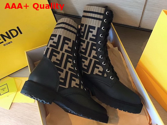 Fendi Leather Biker Boots Black Calf Leather with FF Motif Print Stretch Fabric Replica