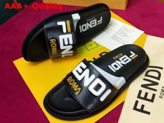 Fendi Leather Slides in Black with Fendi Motif Replica