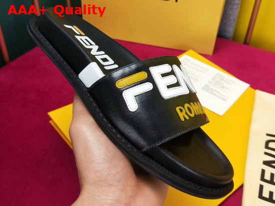 Fendi Leather Slides in Black with Fendi Motif Replica