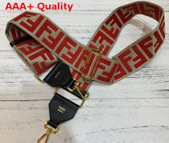 Fendi Long Adjustable Shoulder Strap with Double Clip Beige Canvas with Red Embroidered FF Motif Replica