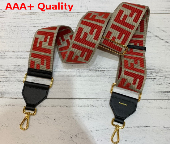 Fendi Long Adjustable Shoulder Strap with Double Clip Beige Canvas with Red Embroidered FF Motif Replica