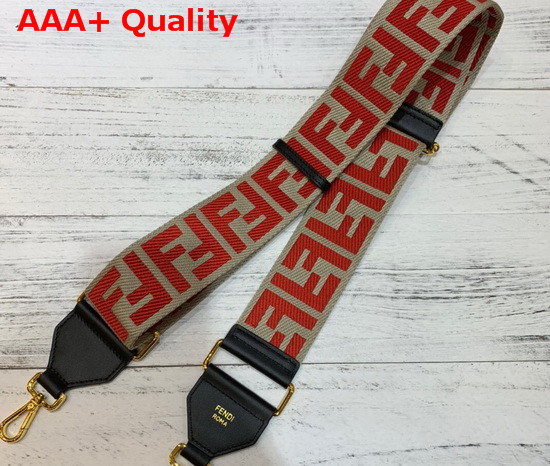 Fendi Long Adjustable Shoulder Strap with Double Clip Beige Canvas with Red Embroidered FF Motif Replica