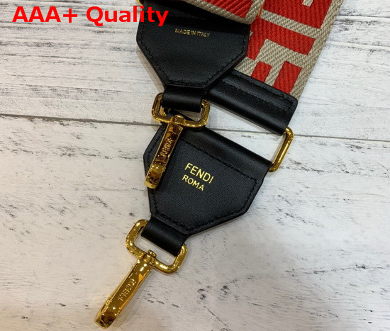 Fendi Long Adjustable Shoulder Strap with Double Clip Beige Canvas with Red Embroidered FF Motif Replica