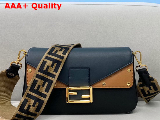 Fendi Medium Baguette Bag in Black Calfskin with Brown Details Replica