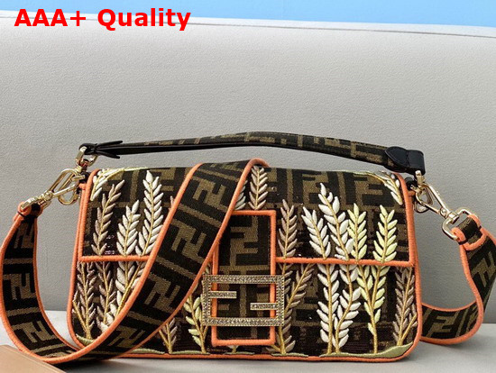 Fendi Medium Baguette Bag in Brown Embroidered Canvas Replica