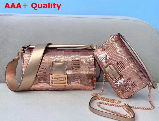 Fendi Medium Baguette Bag in Laminated Pink Leather Decorated with Pink Sequin Pequin Embroidery Replica