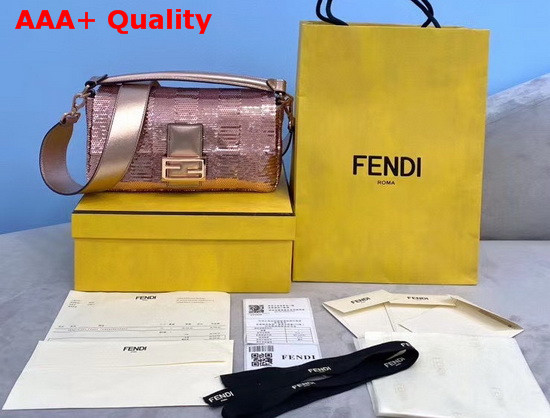 Fendi Medium Baguette Bag in Laminated Pink Leather Decorated with Pink Sequin Pequin Embroidery Replica