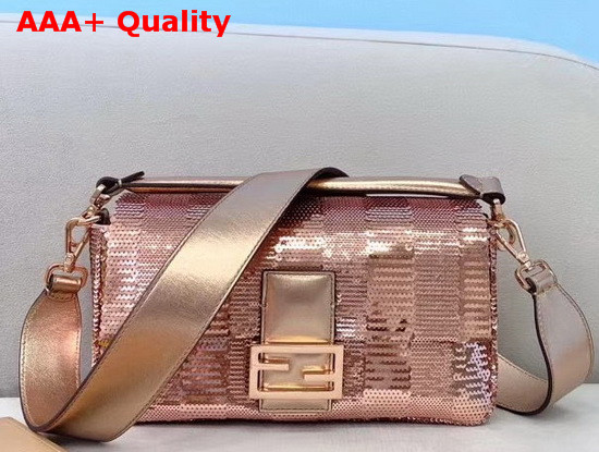 Fendi Medium Baguette Bag in Laminated Pink Leather Decorated with Pink Sequin Pequin Embroidery Replica