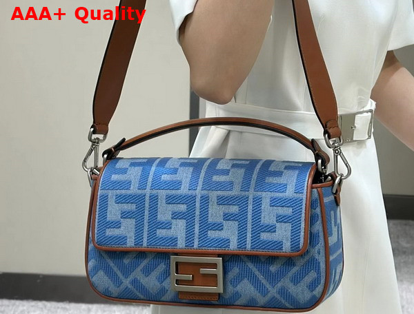 Fendi Medium Baguette Bag in Light Blue Denim with FF Embroidery Replica