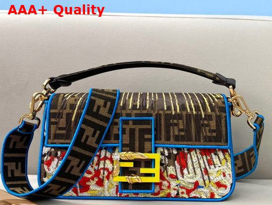 Fendi Medium Baguette Bag in Multicolor Embroidered Canvas and Sequins Replica