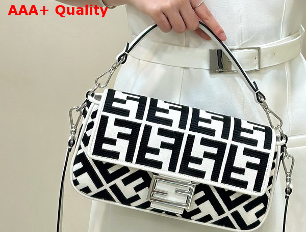 Fendi Medium Baguette Bag in White Canvas with Black FF Motif Replica