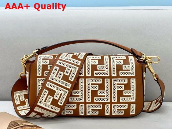 Fendi Medium Baguette Brown Leather Bag with FF Embroidery Replica