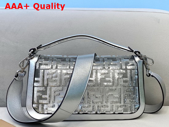 Fendi Medium Baguette Handbag Silver Nappa Leather and Sequin Embroidered Mesh Replica