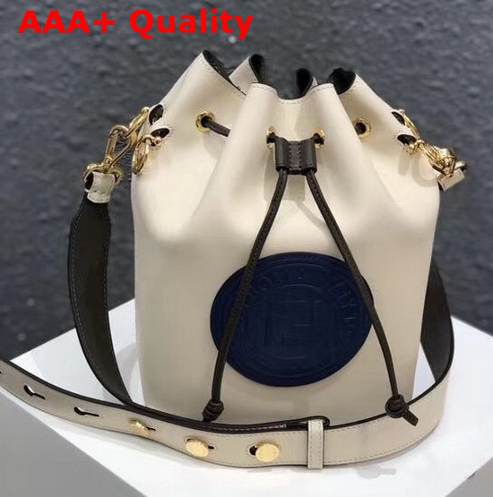 Fendi Medium Mon Tresor Bucket Bag in White with Blue Fendi Stamp Patch Replica